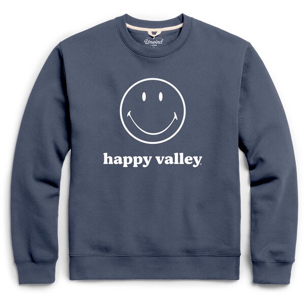 denim blue crew sweatshirt with smiley face above happy valley